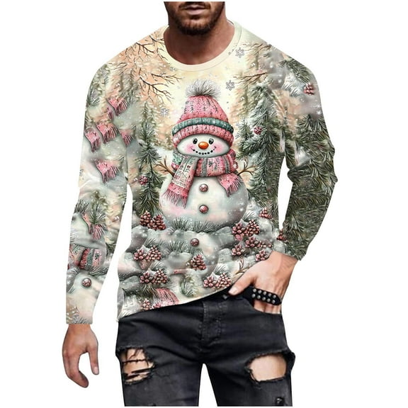 GuangCheng Mens Christmas Tees Long Sleeve Tops,Crew Neck,Printed,Pullover,Baggy,Bottom,Tees,Comfy Loose Piece,Pink,Size XL