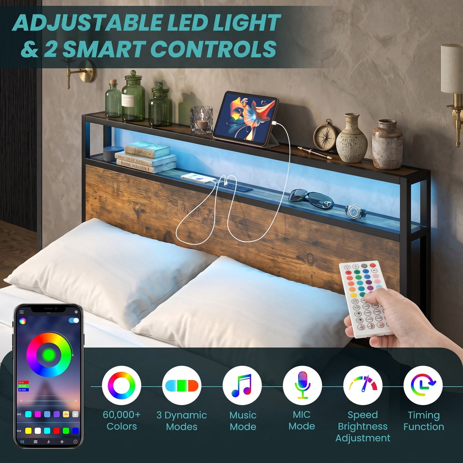 Furnibear Queen Size Bed Frame with Storage, LED Lights and 4 Drawers, Metal Platform Bed Frame with Charging Station and Headboard, Rustic Brown