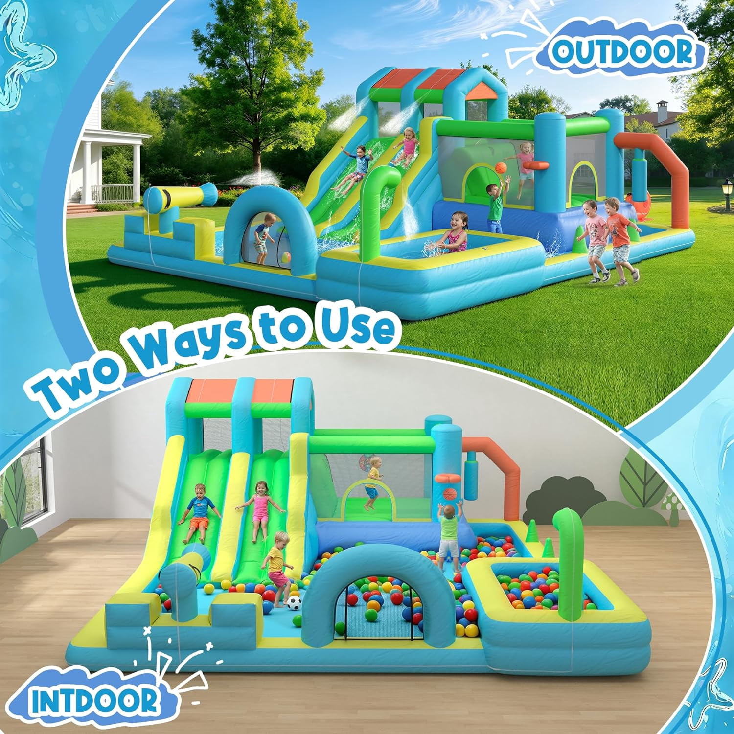 Hommow Inflatable Bounce House Double Water Slide with Blower, Climbing Wall, Water Gun, Splash Pool, Basketball Hoop, Indoor Outdoor Backyard