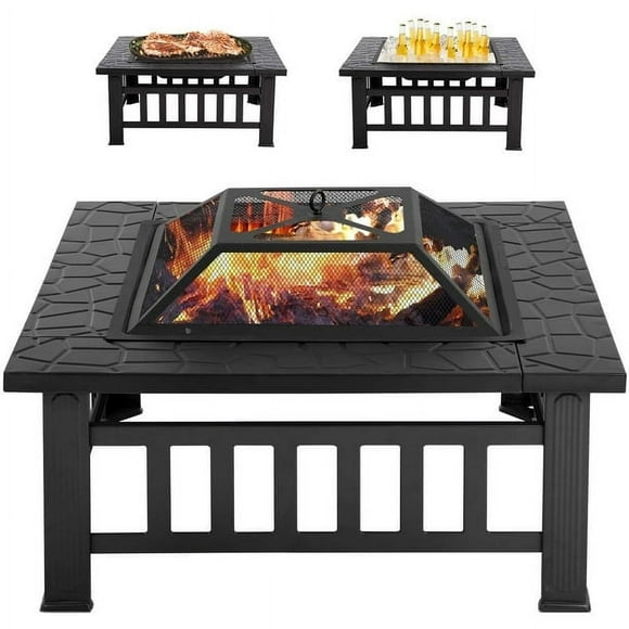 Outdoor Fire Pit for Wood 32" Metal Firepit for Patio Wood Burning Fireplace Square Garden Stove with Charcoal Rack, Poker & Mesh Cover for Camping Picnic Bonfire Backyard