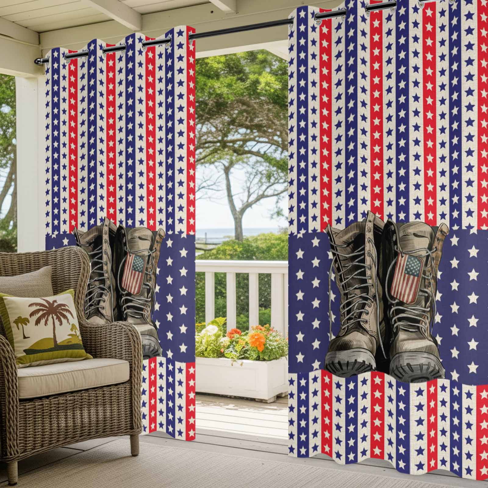 Independence Day Outdoor Curtains for Patio, Retro Boots American Red Blue Stripe Stars Sunshade Privacy Drapes Grommet Waterproof Outside Curtains for Porch/Cabana/Balcony 54"x 108", 1 Panel