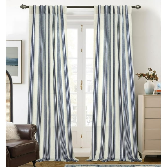 DriftAway Farmhouse Vertical Striped Linen Blend Textured Light Filtering Semi Sheer Curtains for Living Room Bedroom 120 Inches Long Drapes 2 Panels Broad Striped Linen Dark Blue