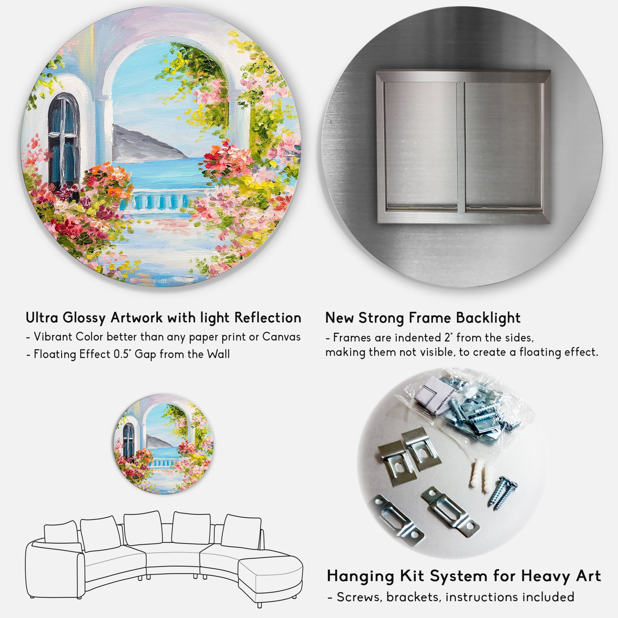 Designart 'Pink Flowers With Traditional Greek House' Nautical & Coastal Circle Metal Wall Art 11x11 - Disc of 11