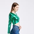 thumbnail image 4 of Fashion Glossy V Neck Crosses Wrap Long Sleeve Crop Top for Raves Parties Event Women Metallic Wetlook Bodycon T-Shirt, 4 of 9