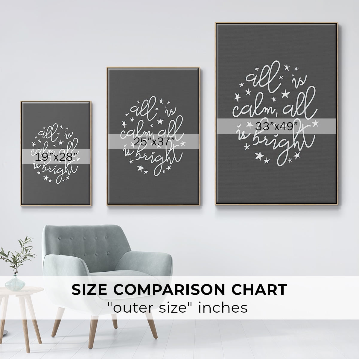 All is Calm, All is Bright - Dark Gray - Framed Gallery Wrapped Holiday Canvas - 27 x 41 - Natural Wood Frame