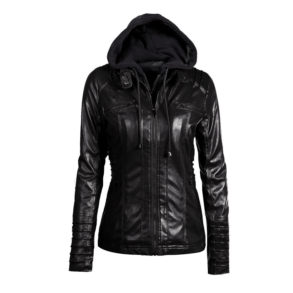 Womens Faux Leather Motorcycle Jacket with Hoodie
