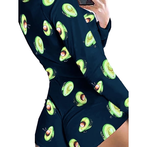 Gureui Women's Sexy Bodycon One Piece Jumpsuit, Deep V Neck Long Sleeve Stretch Funny Printed Leotard Pajamas Romper Casual Home Wear