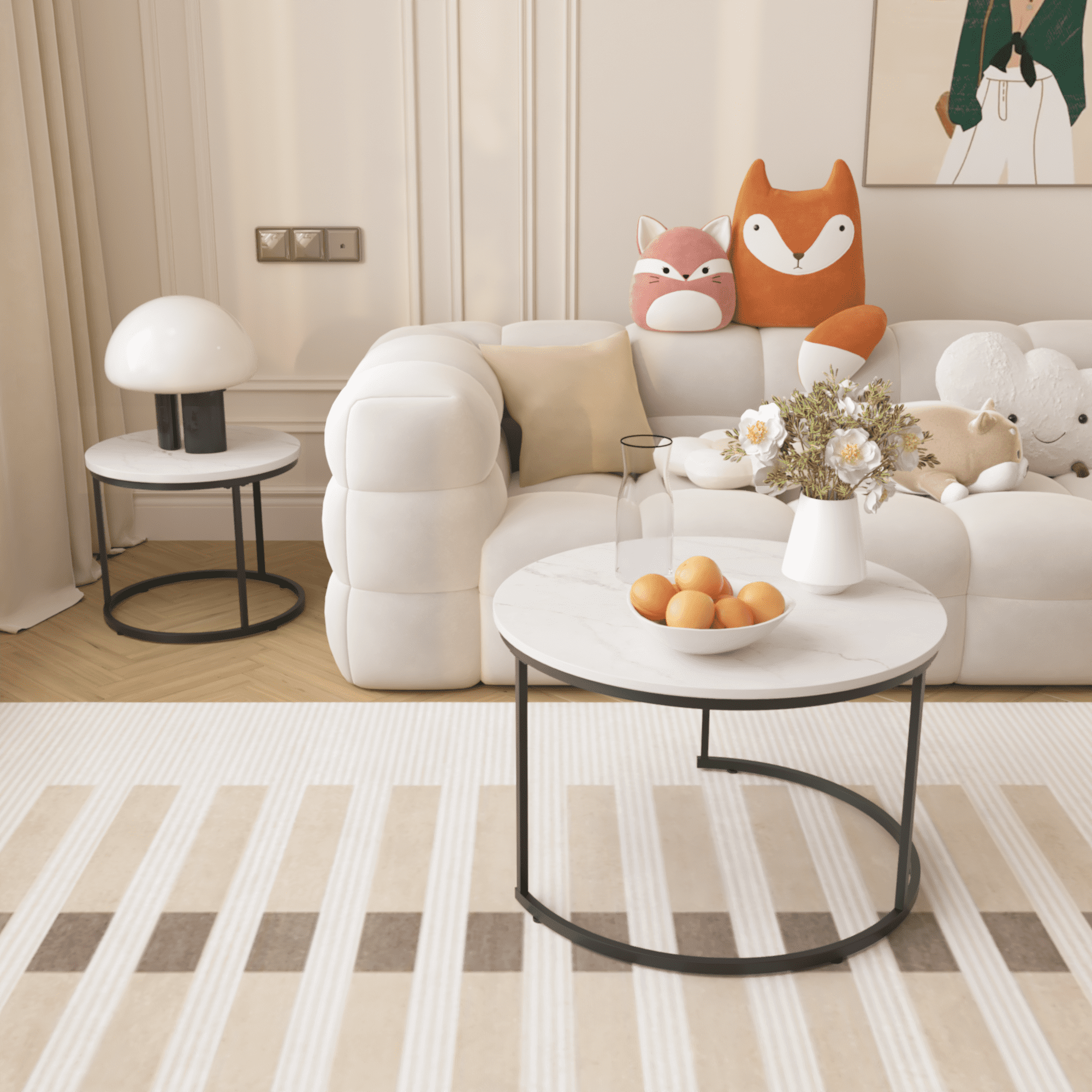 27.6" Nesting Coffee Table Set of 2, Round Coffee Table Wood Marble Pattern Top with Sturdy Metal Frame, End Table Side Tables for Living Room Bedroom Balcony Yard (White)