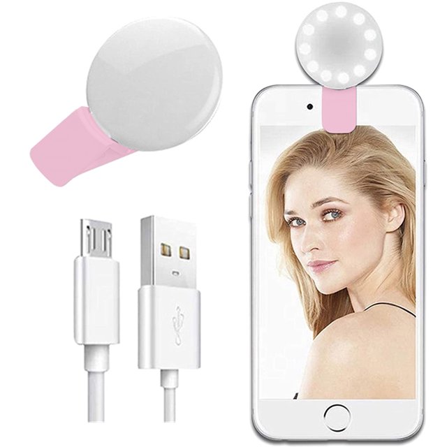 Anillo de luz con clip para selfie, mini luz de brillo ajustable recargable, iluminación de flash USB para fotografía de teléfono celular iPhone/Android, vídeo, vlogging