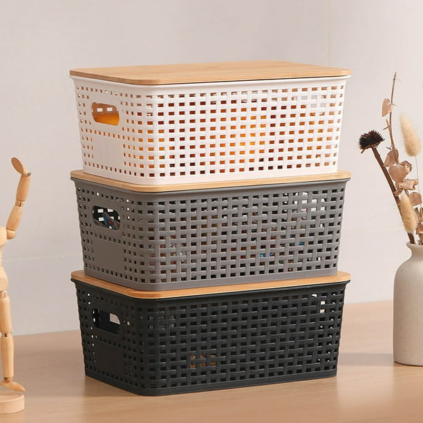 Cestas de plástico apilables con tapas - Caja organizadora tejida de 26,1x18,4x10,4 cm para juguetes, libros y material de oficina, set de 1