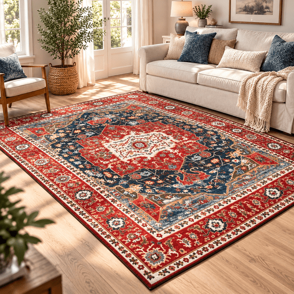 YUCHANG 5x7 Washable Vintage Medallion Area Rug, Boho Non-Slip Carpet for Living Room