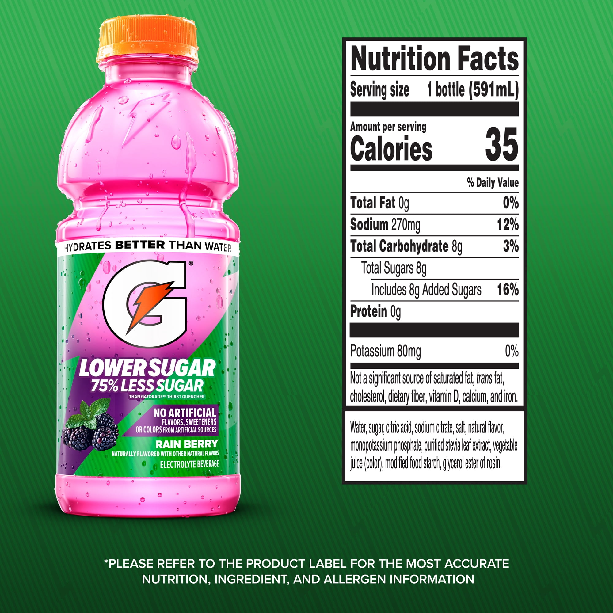 Gatorade Lower Sugar, No Artificials Rain Berry Flavored Electrolyte Sports Drink, 20 fl oz Bottle, (6 Pack), 75% Less Sugar, Hydration