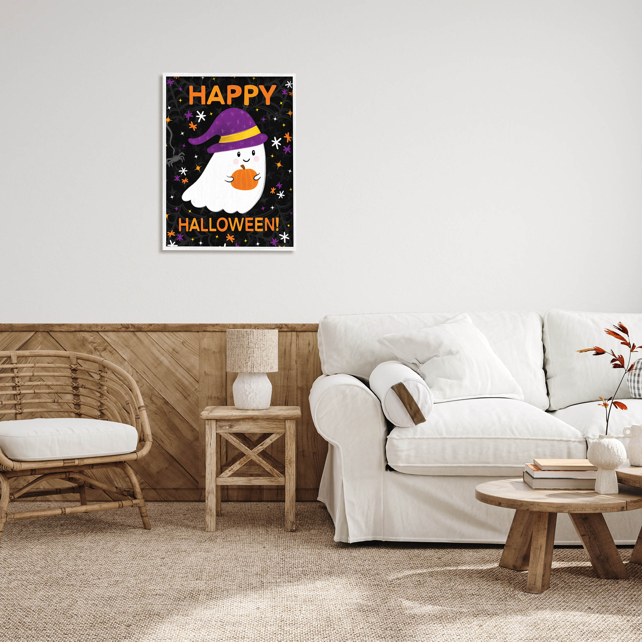 Stupell Industries Happy Halloween Happy Ghost Graphic Art White Framed Art Print Wall Art, Design by Emily Cromwell