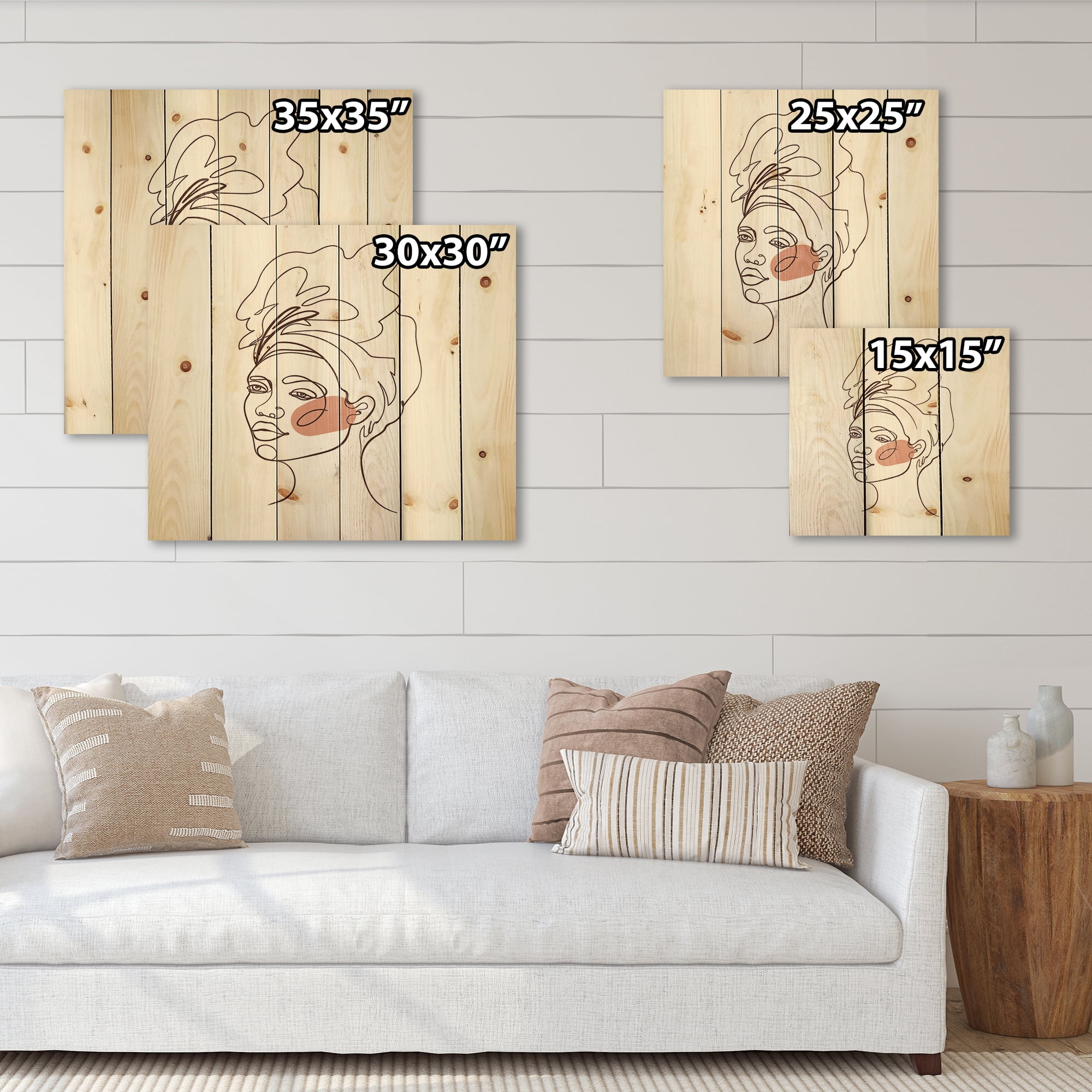 Designart 'One Line Portrait of Afro American Woman III' Modern Print on Natural Pine Wood