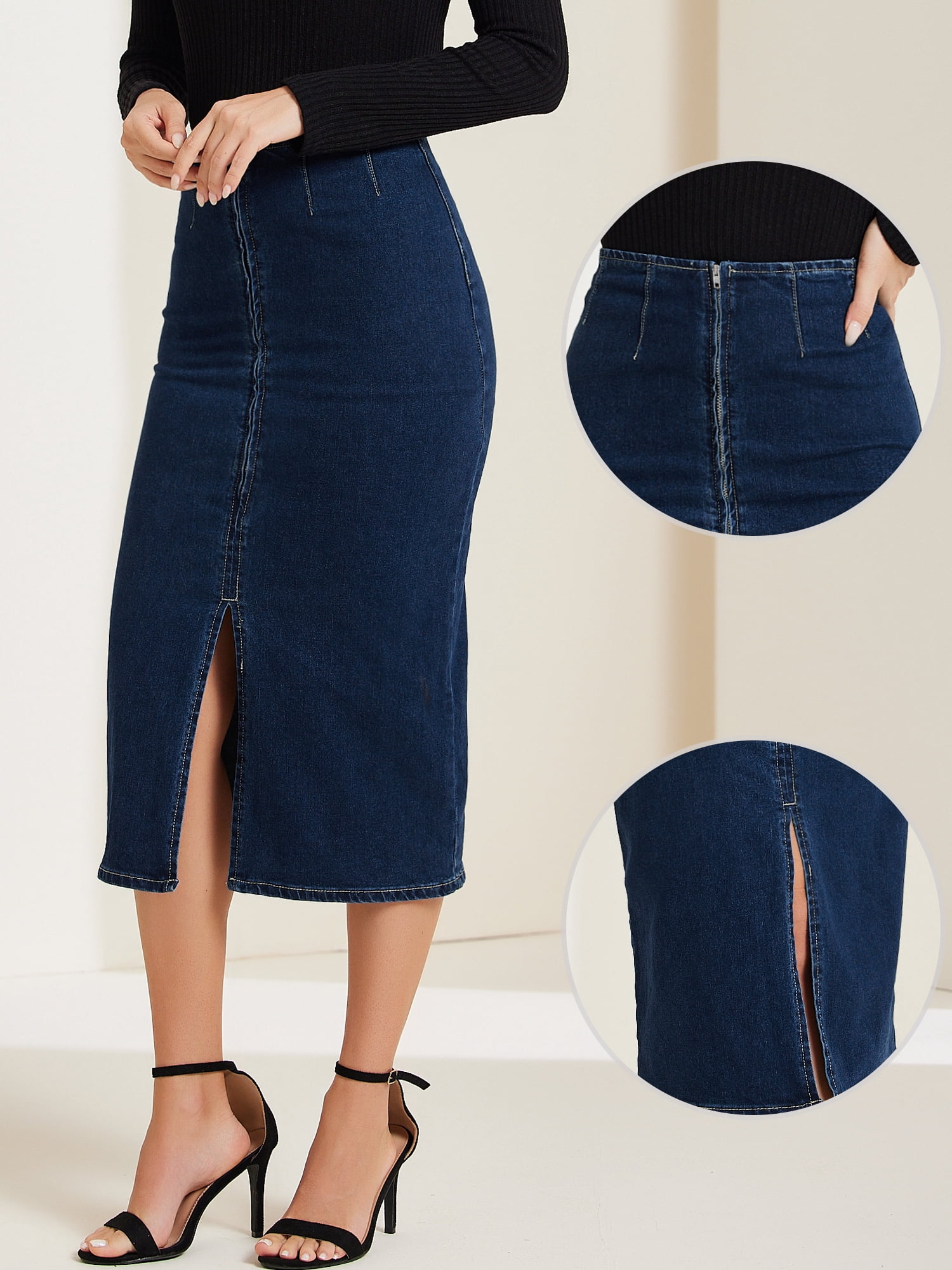 DARING DIVA Women's Denim Front Slit Zipper Bodycon Midi Jean Skirt M Dark Blue