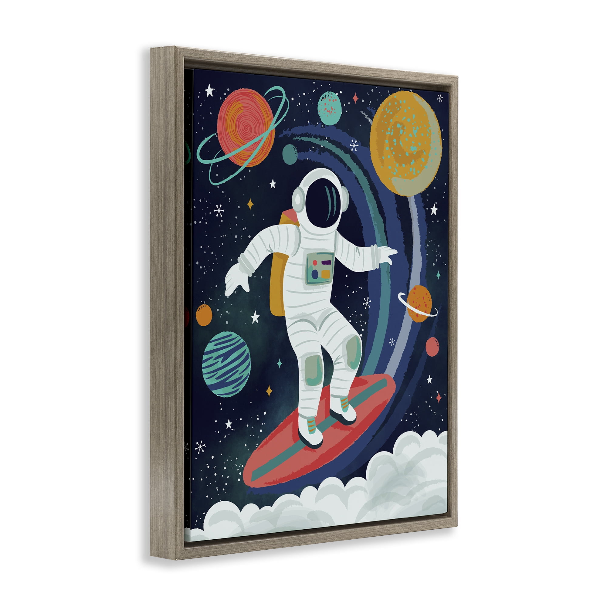 Stupell Industries Surfing Astronaut Beyond Space Brown Framed Floater Canvas Wall Art, design by Lisa Perry Whitebutton