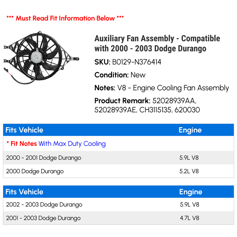 Auxiliary Radiator Fan Assembly – Replacement For 2000-2003 Dodge Durango V8 With Max Duty Cooling