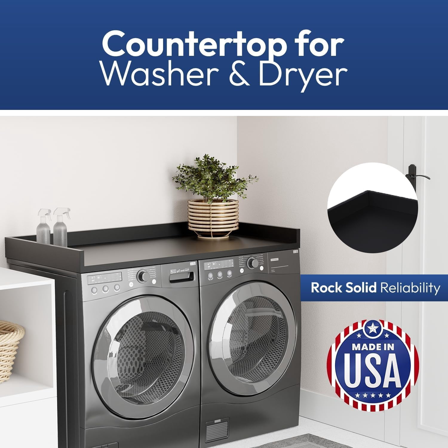 OfficeSimpli Washer Dryer Countertop w Non-Slip Pads, Made in USA, Laundry Room Wood Topper, Washer Dryer Cover for Top, Laundry Guard, Laundry Countertop, Laminate Finish, (Black), Large