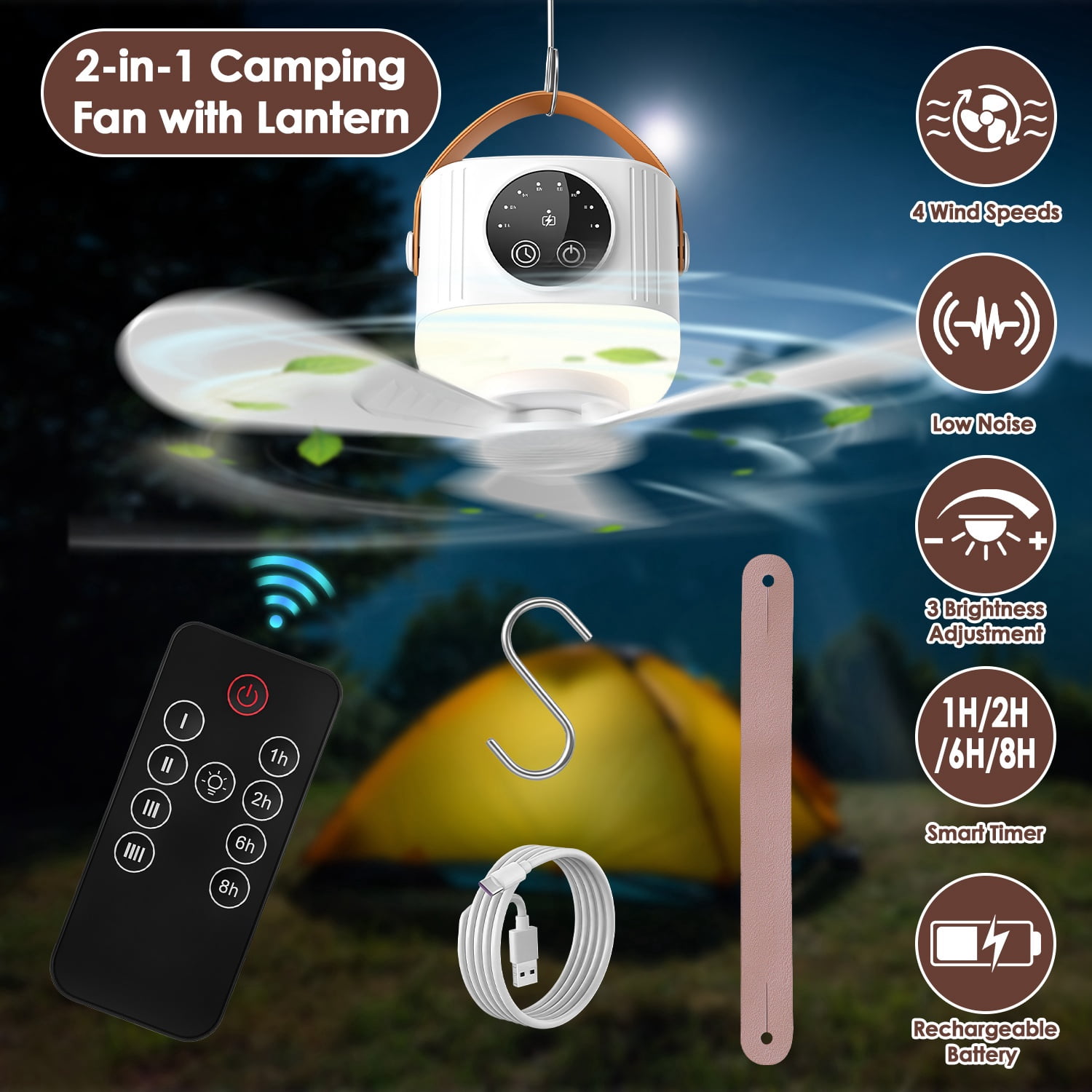 2 in 1 Camping Fan with LED Lantern Remote Control, 4 Wind Speeds 3 Light Brightness Timer Function 7200mAh Rechargeable Hanging Tent Fan