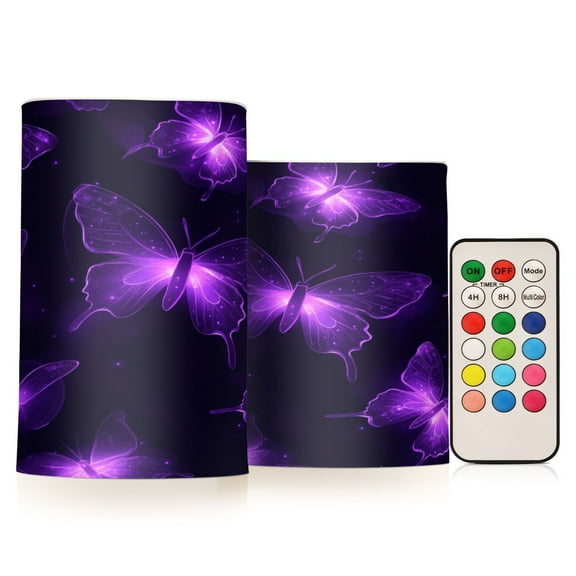 2 PCS Flameless Candles with Remote Timer LED Battery Operated Flickering Candle Light for Wedding Table Home Decoration Gifts Glowing Butterflies Pattern