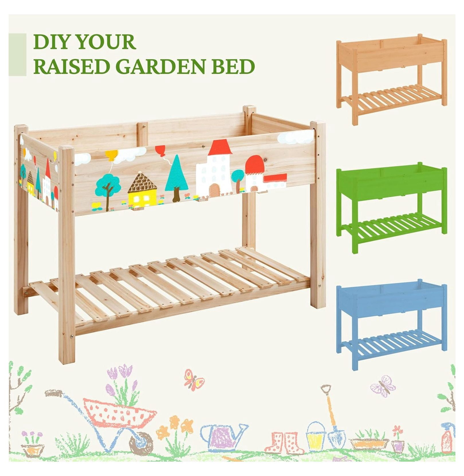 Raised Garden Bed Elevated 2 Tiers Wood Planting Bed Above Ground Planter Box for Vegetables Flowers Outdoor, 47x23x32in