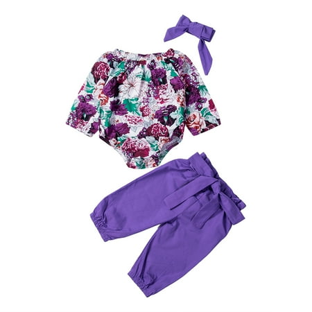 

Newborn Baby Girls Romper Flower Off Shoulder Top Purple Bowknot Pants Headband Outfits 3PCS Set