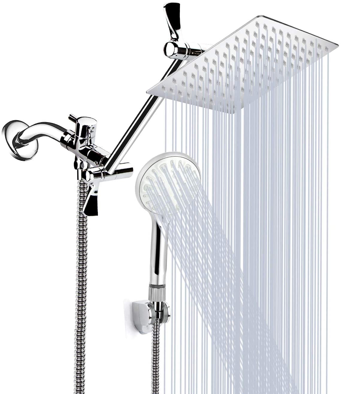 High Pressure 8'' Rainfall Stainless Steel Shower Head/Handheld Shower with ON/OFF Pause Switch Shower Combo with hose,Adhesive Shower Head Holder Shower Head with handheld 