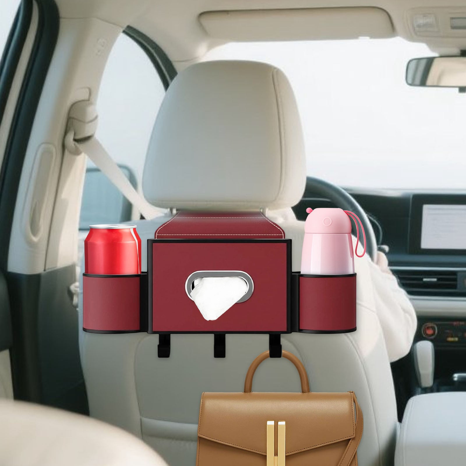 COM1950s Car Seat Organizer with Cup Holders, Backseat Storage Multi-Function Pocket for Tissues, Adjustable Straps for SUV and Vehicle Interior Accessories