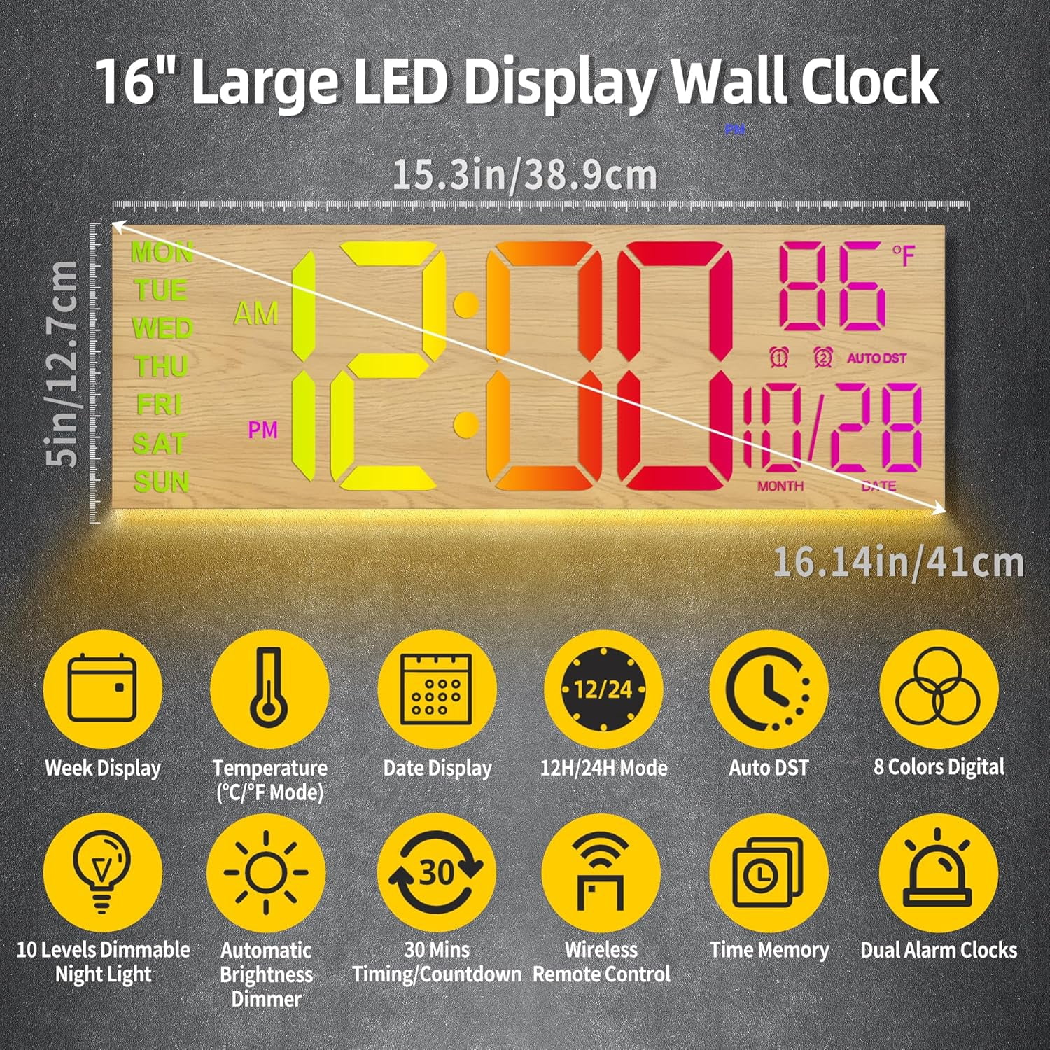 LEIKE New Wood Grain 16.2" Digital Wall Clock with Large Numbers, 8 Color Options, 5-Level Brightness, Temperature, Big Digit Display for Bedroom, Office & Living Room