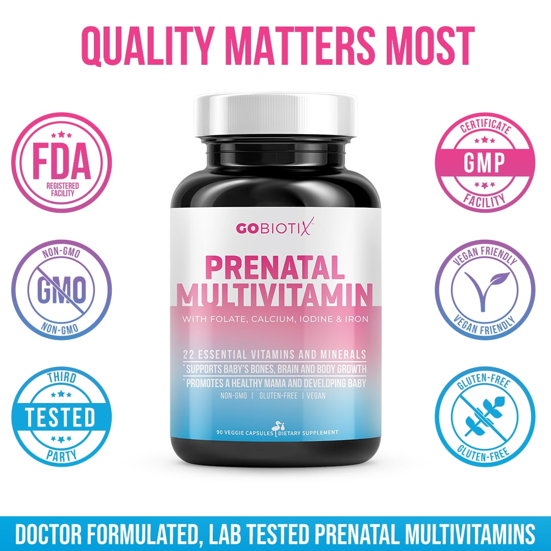 GoBiotix Prenatal Vitamins for Women with Iron, Calcium, Folate & Vitamin D2, 90 Capsules, Pregnancy Support