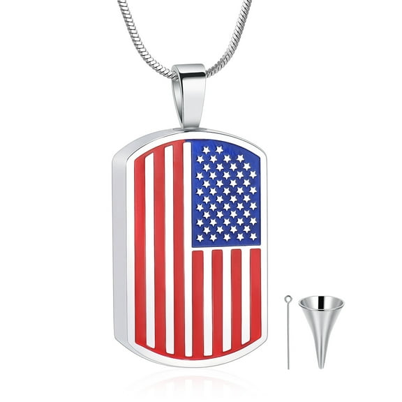 American Flag Dog Tag Necklace, US National Flag Charm, Stainless Steel Urn Necklace for Men Women Cremation Jewelry for Ashes Urns Memorial Keepsake for Pets Dogs Cats