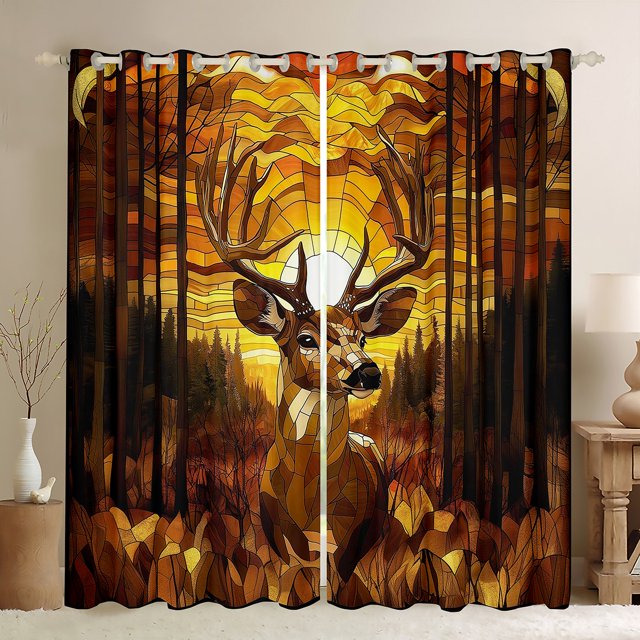 Deer Window Drapes Block 30%-50% Light,Baroque Style Kitchen Window Treatments 42Wx63L Inches,Wild Animal Sunset Decor Window Curtains