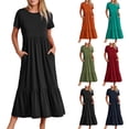 thumbnail image 6 of Womens Dresses Short Sleeve Summer Crewneck Swing Flowy Tiered Maxi Beach With Pockets Casual Dress Black XL, 6 of 8