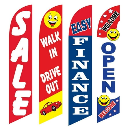4 Advertising Swooper Flags Sale Walk In Drive Out Easy Finance Welcome Open