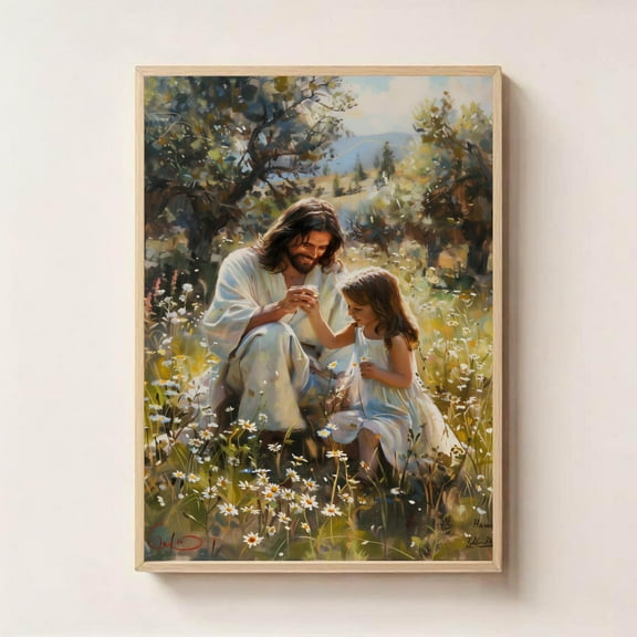 Jesus With Little Girl In Garden – Christian Wall Art, Faith-Inspired Print, Spiritual Artwork For Room Or Prayer Space UNFRAMED Poster, Wall Art for Decor, Present, 8x12