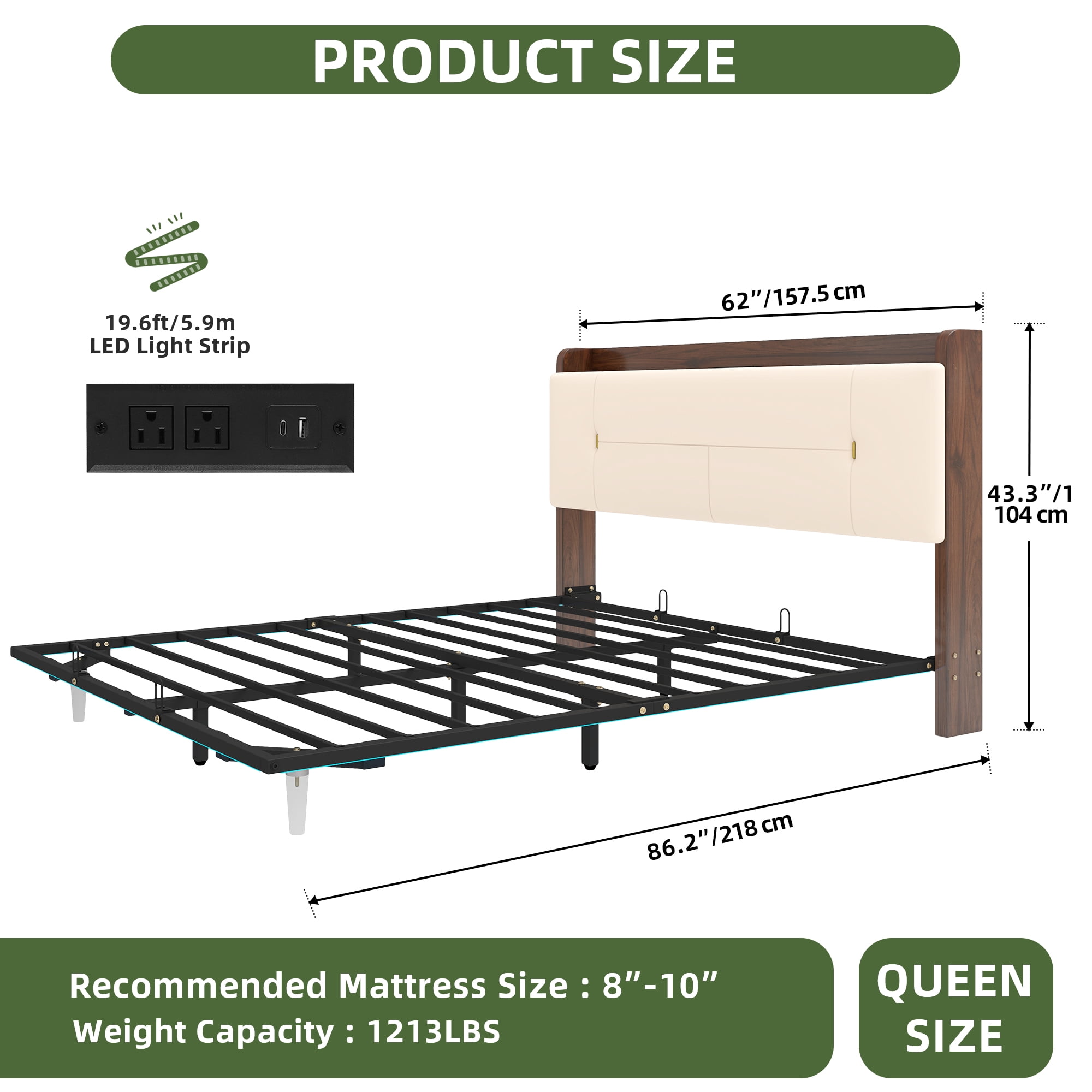 Uforic Beige Faux Leather Queen Bed Frame with LED Lights, Platform Bed with Multifuction Backrest Storage & Charging Ports