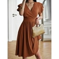 thumbnail image 5 of Summer Midi Dress 2025 Spring V Neck Cocktail Wedding Guest A Line Fit and Flared Dresses Light Brown L, 5 of 7
