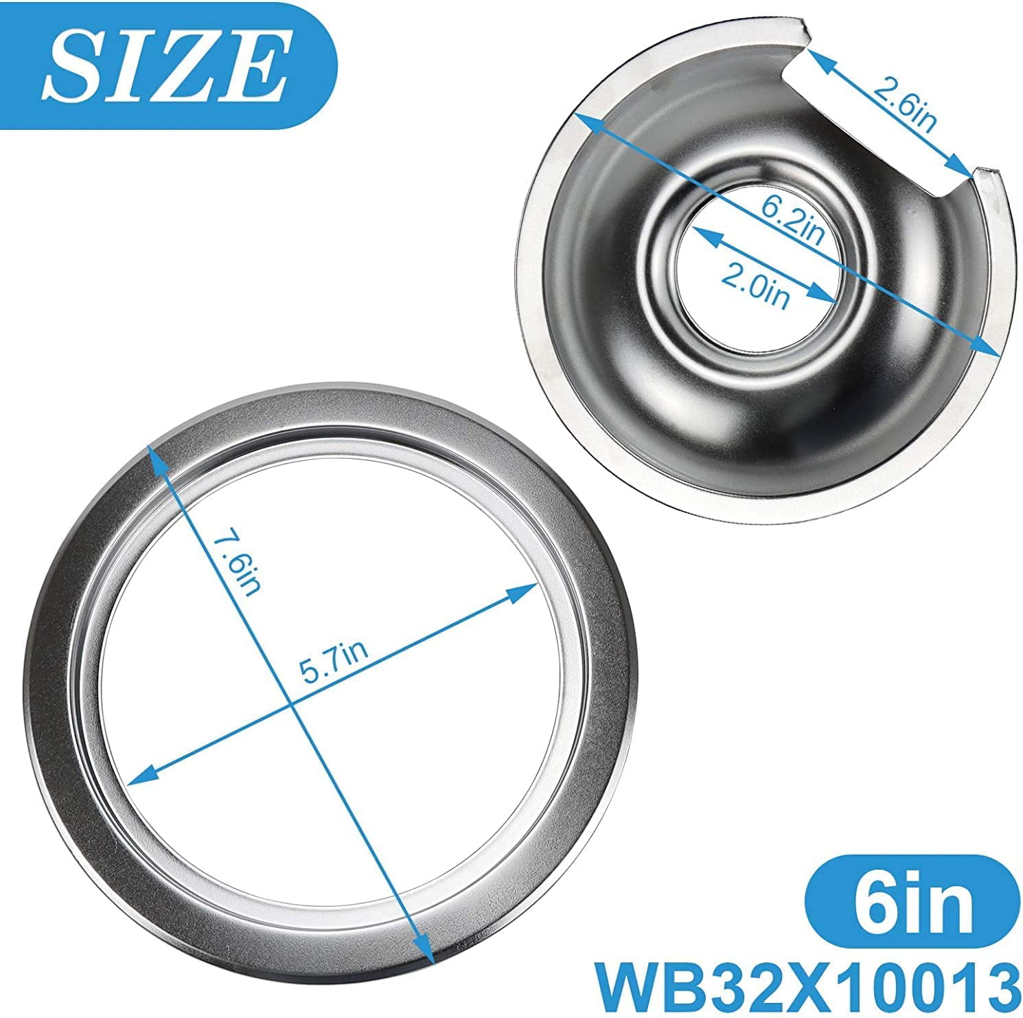 Burner Drip Pans 2 Lar 8'' WB32X10013 & 2 Small 6'' WB32X10012 Chrome Drip Pan Set 4-Pack Fits for Hotpoint Electric Stove Top 6" Pan/Ring 8" Pan/Ring by