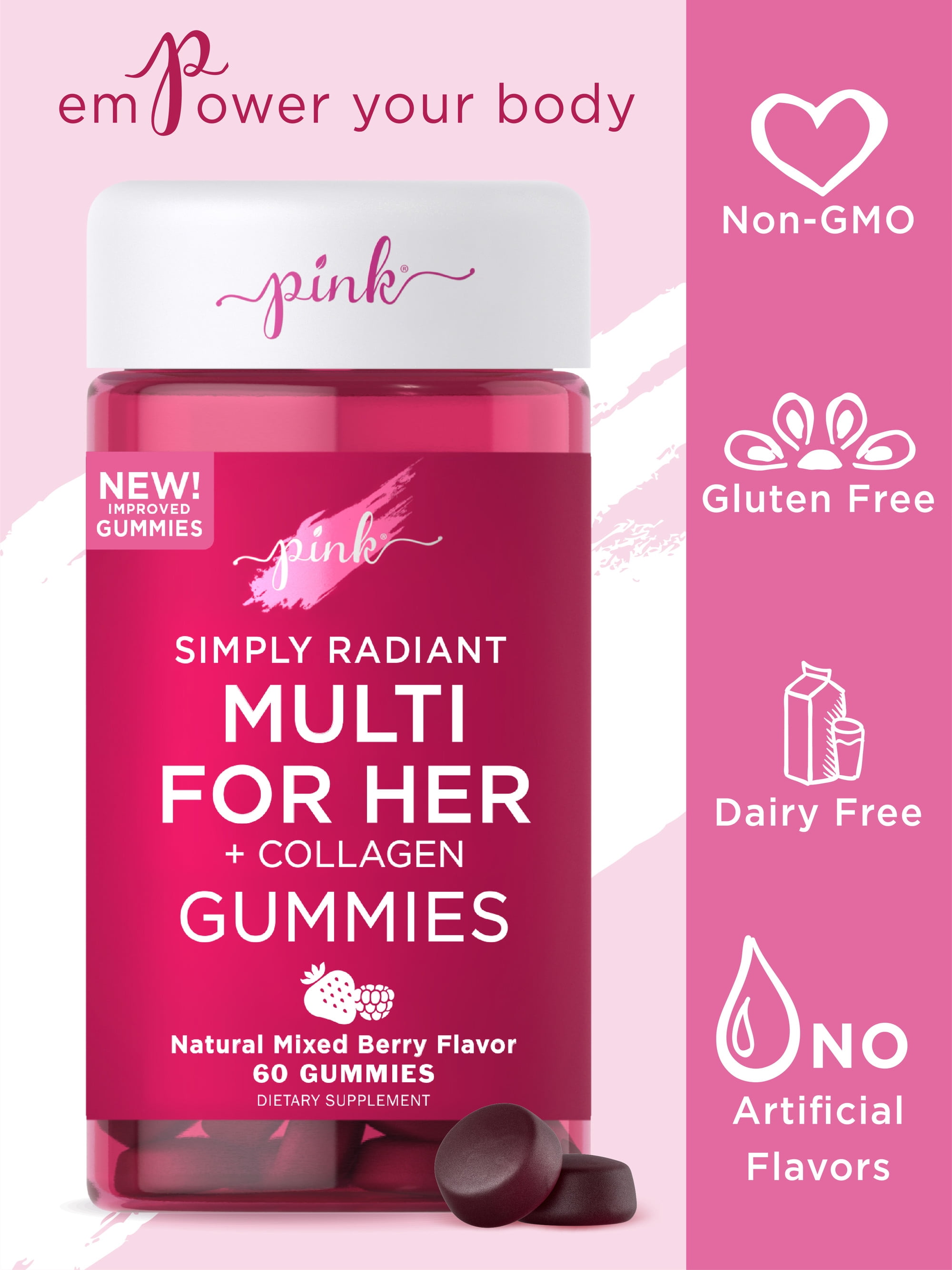 Multivitamin for Women | 60 Gummies | Plus Collagen & Biotin | Mixed Berry Flavor | by Pink