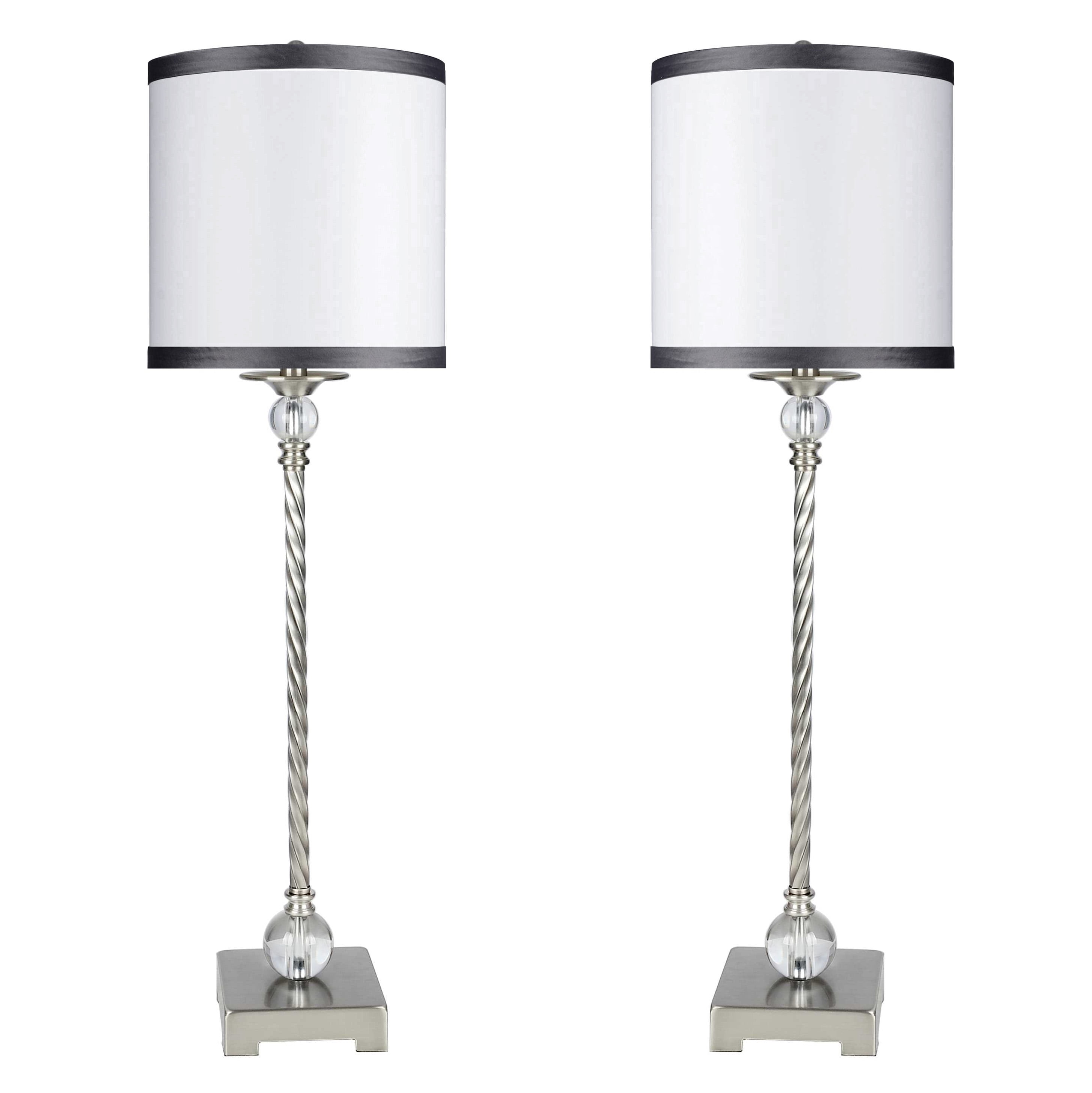 31.5" Brushed Nickel Buffet Table Lamp Set w/ White Fabric Drum Shades