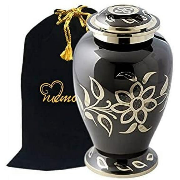 MEMORIALS 4U Black & Gold Floral Cremation Urn - Florentine Urn - Adult Funeral Urn Handcrafted and Engraved - Affordable Urn for Ashes - Large Urn with Free Bag