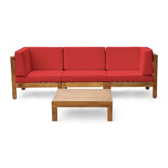 GDF Studio Dawson Outdoor Modular Acacia Wood Sofa and Table Set with Cushions, Teak and Blue