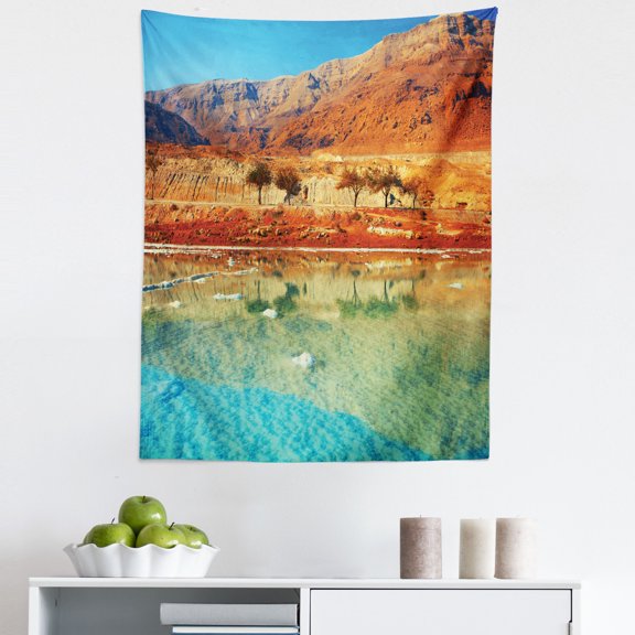 Beach Tapestry, Dead Sea Salt Shore in Israel Mountains Desert Scenic Photo, Fabric Wall Hanging Decor for Bedroom Living Room Dorm, 5 Sizes, Pale Green Pale Blue, by Ambesonne