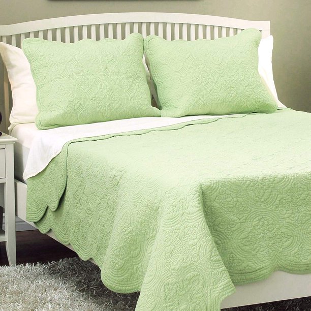 Cozy Line Serenity Matelasse Green 100 Cotton Quilt Set, King Set