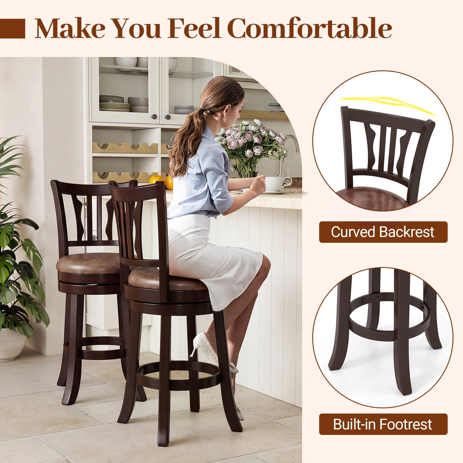 Gymax 26'' Counter Height Swivel Bar Stools Set of 4 w/Back & Faux Leather Seat