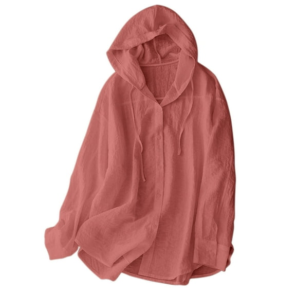 FamilyThread Womens Long Sleeve Crew Neck Linen Hoodie Solid Color Sweatshirts Button Up Lightweight Pullover Tops
