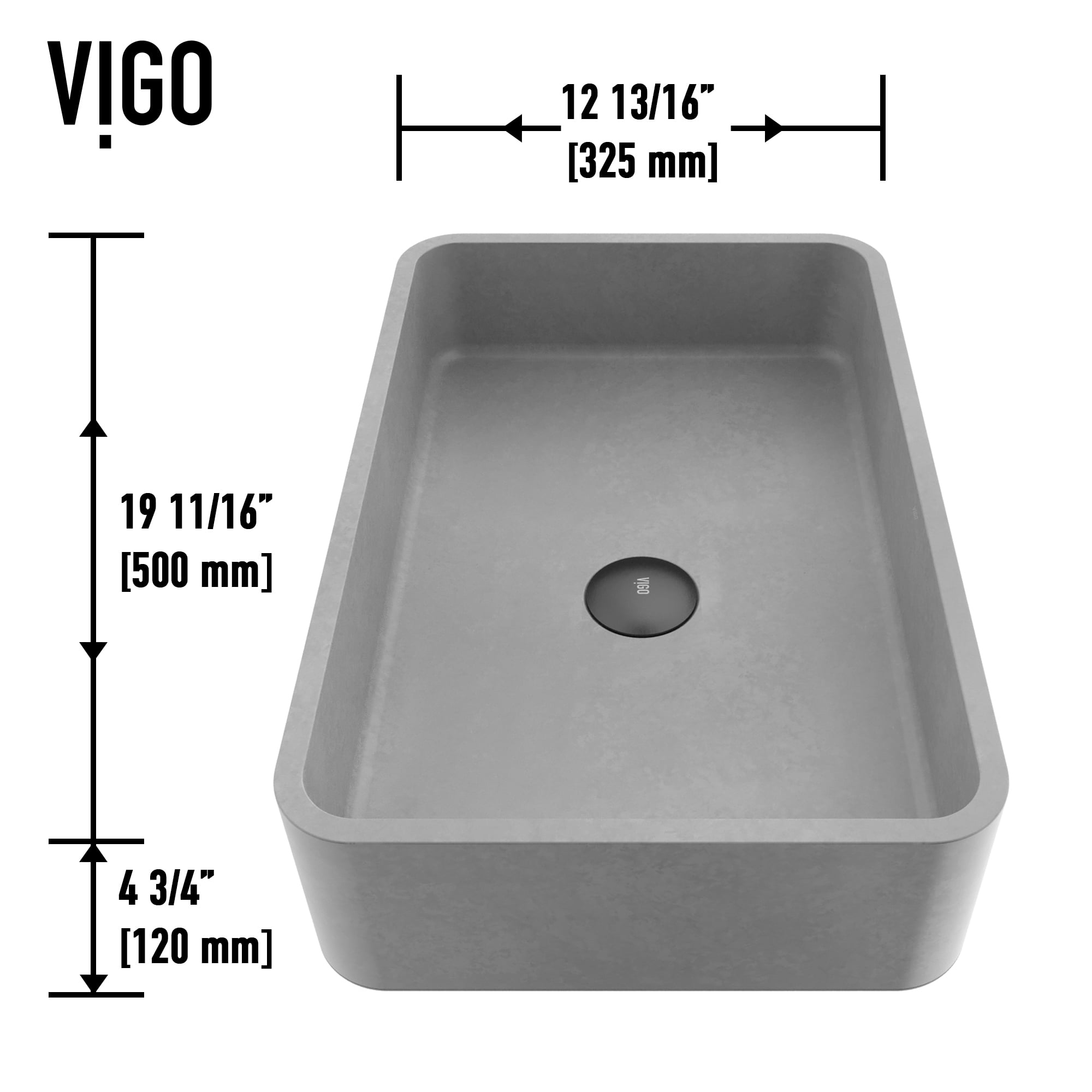 VIGO Cordoba Gothic Gray Concreto Stone 20 in. L x 13 in. W x 5 in. H Rectangular Vessel Bathroom Sink