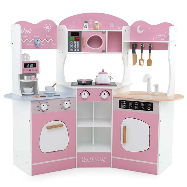 Honeyjoy Ensemble de Cuisine d'Angle avec Machine à Café Four Micro-Ondes Machine à Laver Rose