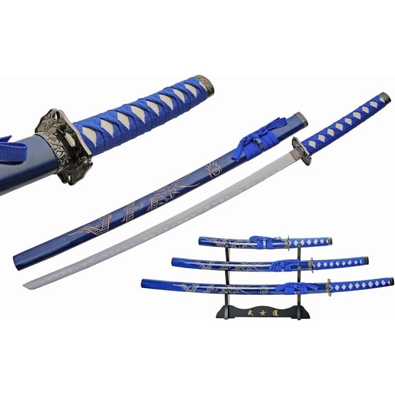 SZCO 39.5" 3 Piece Blue Dragon Samurai Katana Sword Stainless Steel Blade with Engraved Scabbard and Display Stand