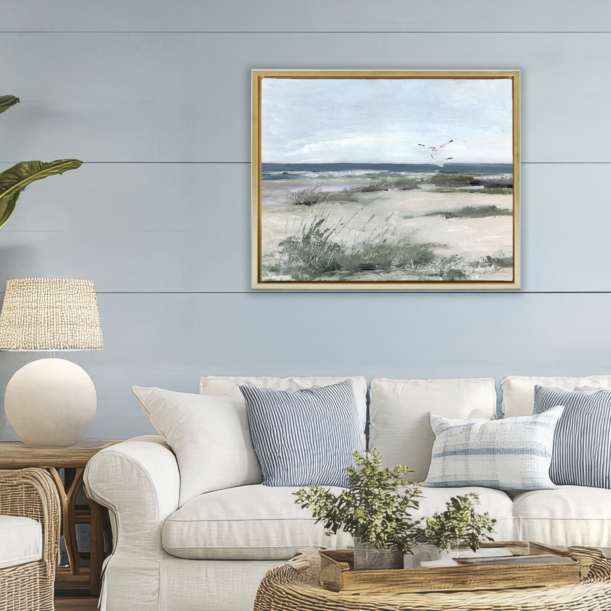 Stupell Industries Seagull Pair over Waves Gold Framed Floater Canvas Wall Art, design by Sally Swatland